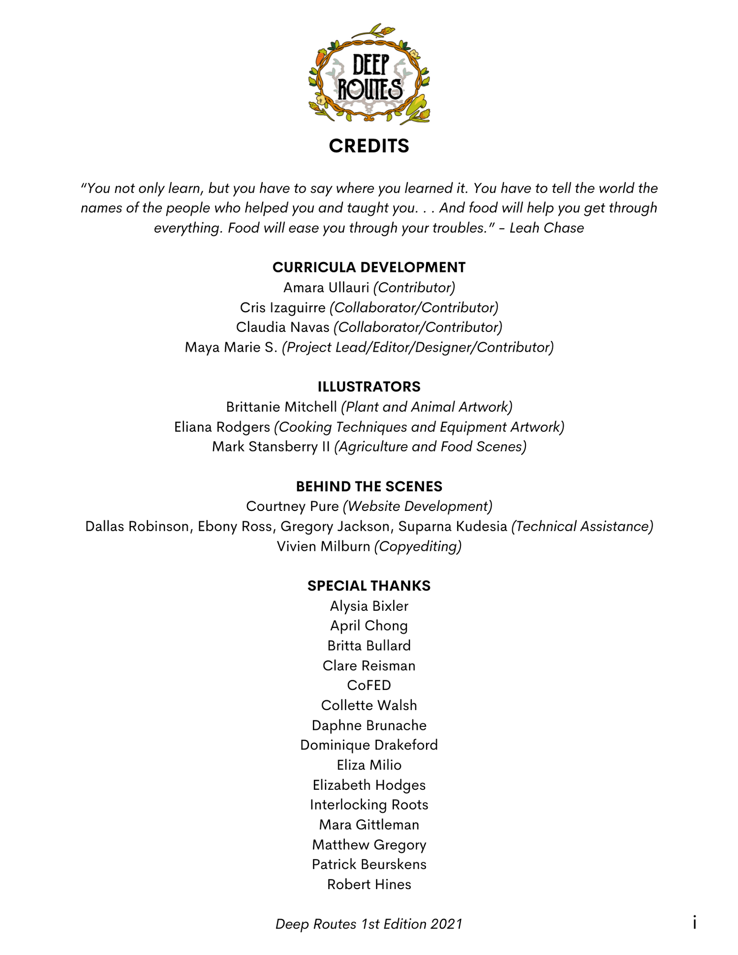 List of credits for contributors, collaborators, illustrators, and donors of the project.