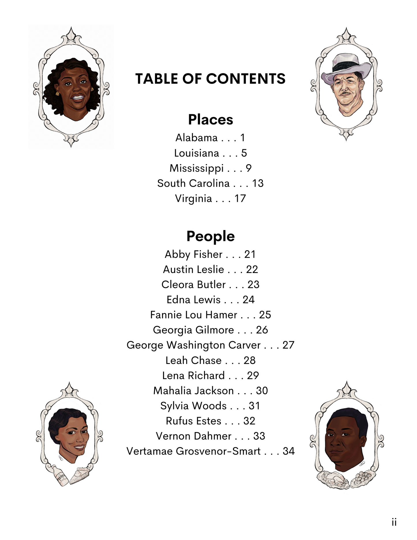 Table of contents listing the people and places featured in the curriculum,
